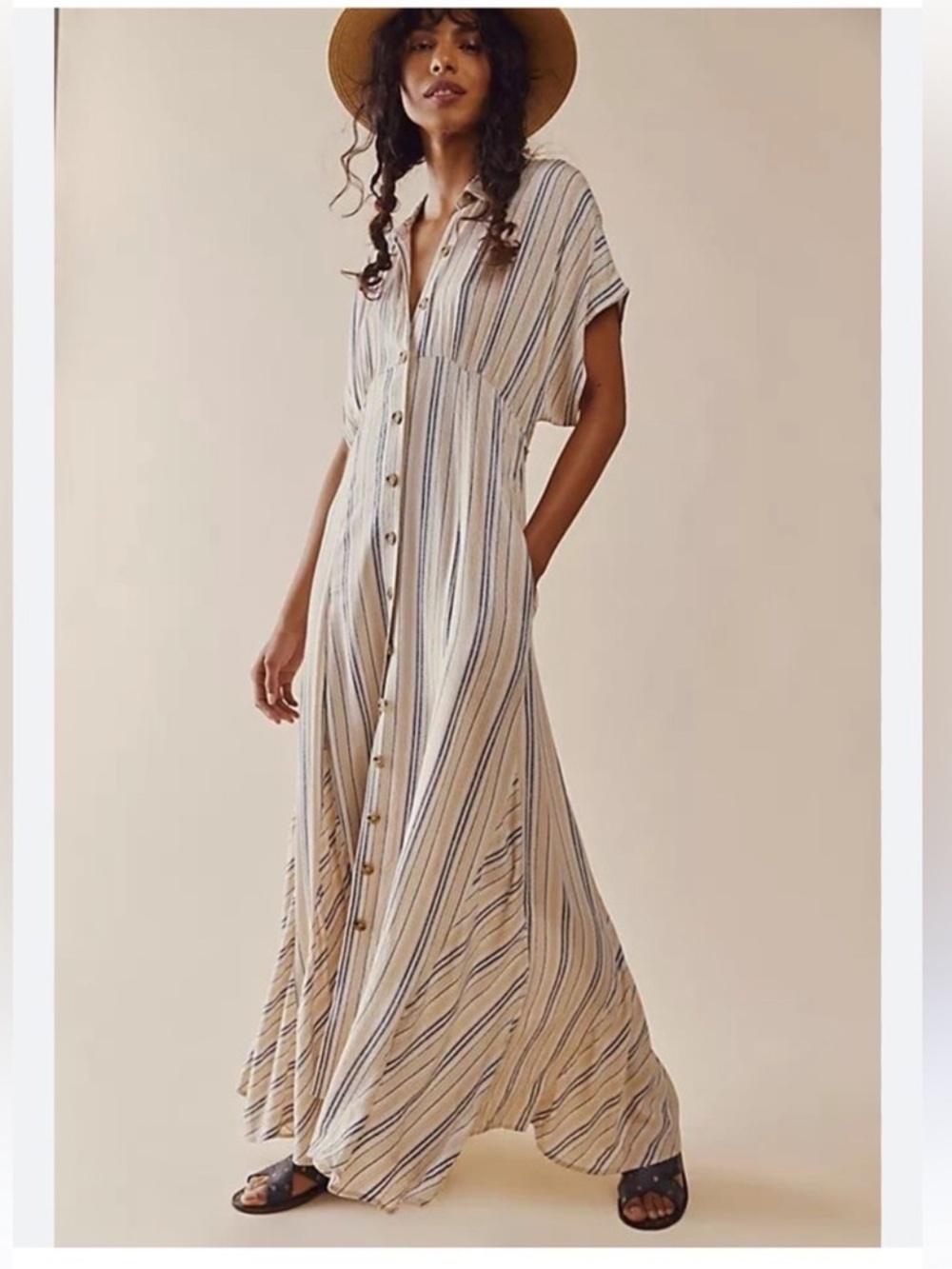 Free People Striped Button-Front Maxi Dress in Cream and Blue